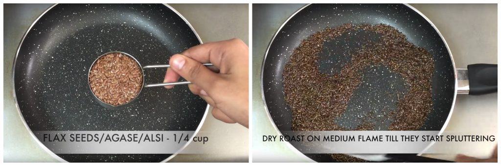 step to roast flax seeds in a pan collage