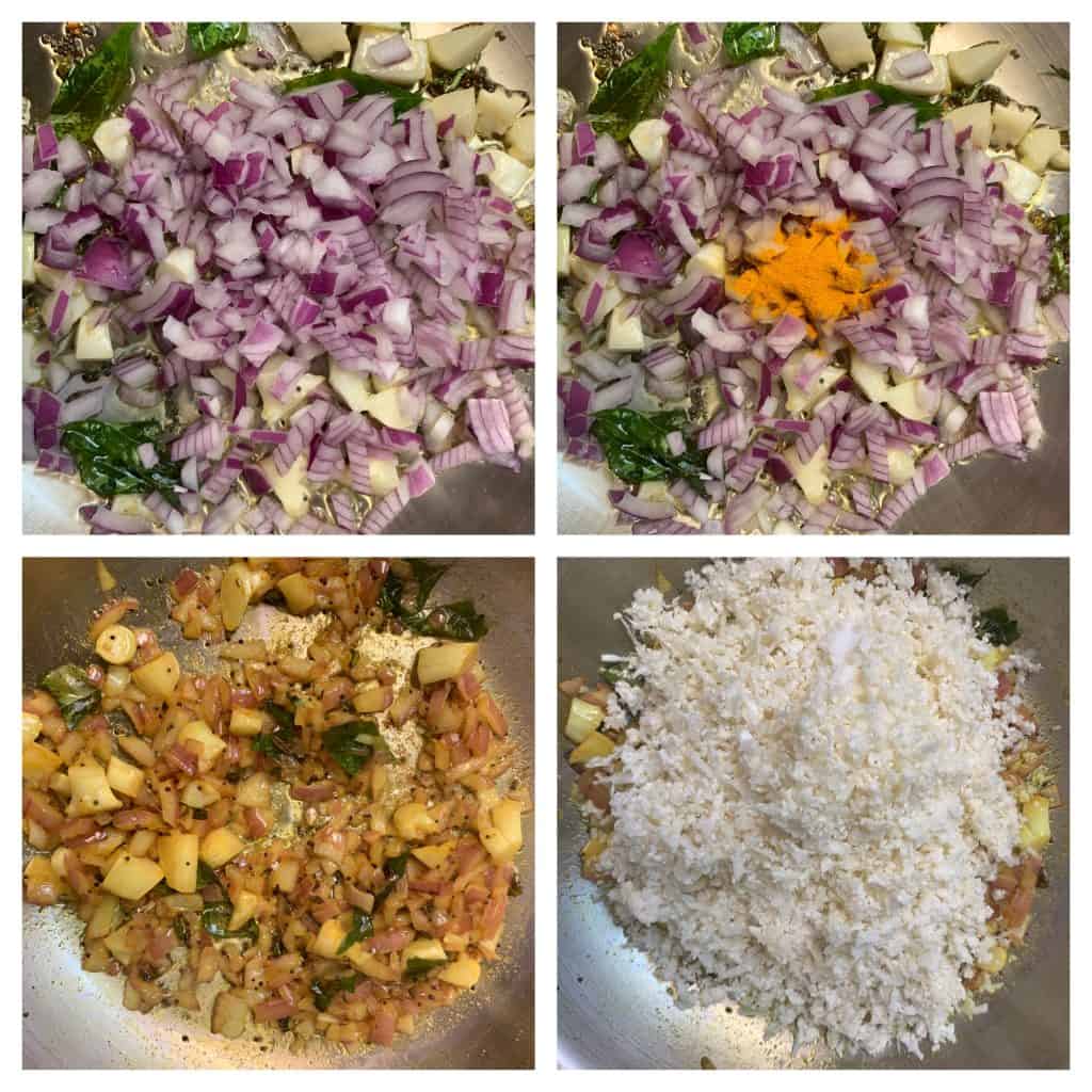 step to cook onion and cauliflower rice collage