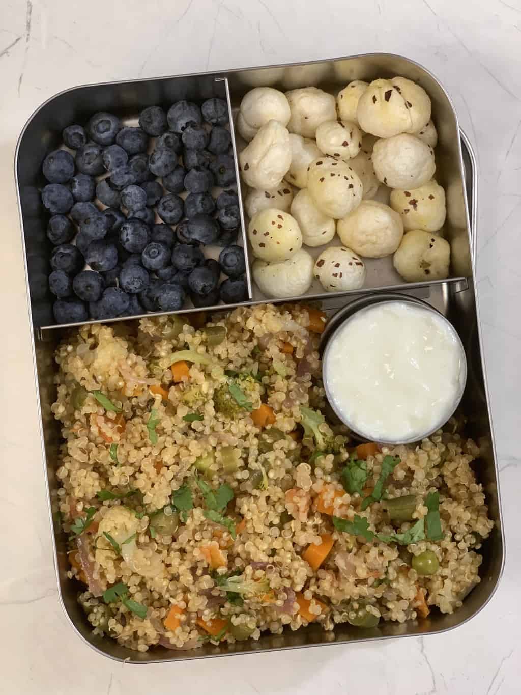 vegetable quinoa pulao with yogurt, roasted makhana and blueberries in steel bento lunch box