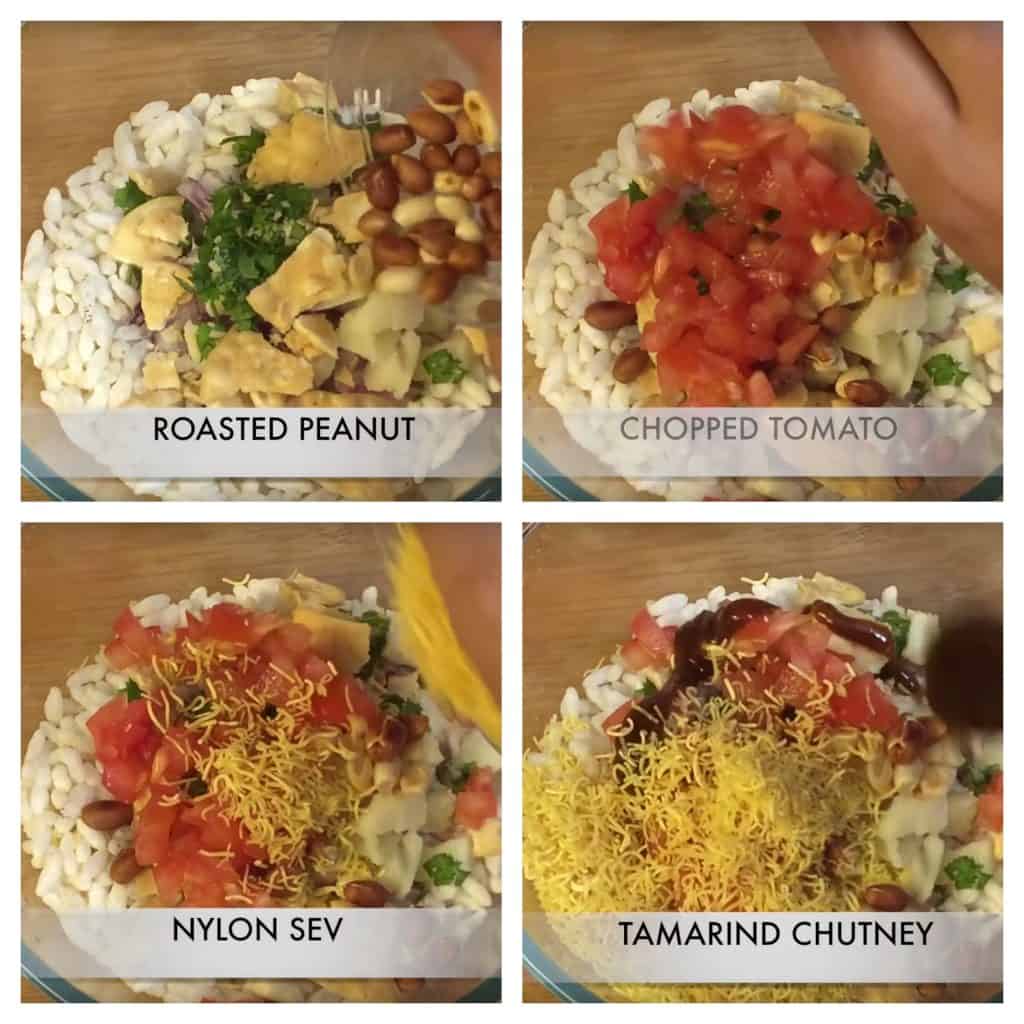 step to add chutney tomato sev to bhel puri collage