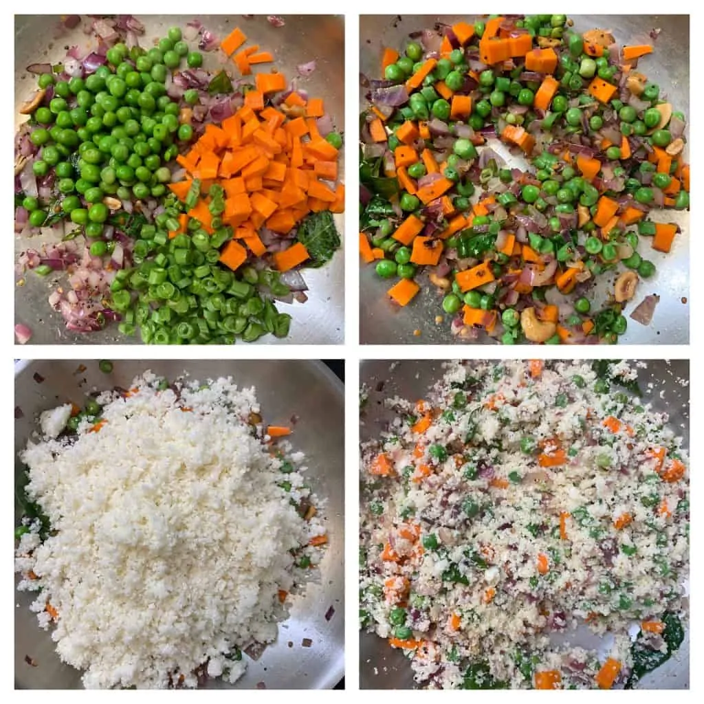 step to cook veggies and cauliflower rice collage