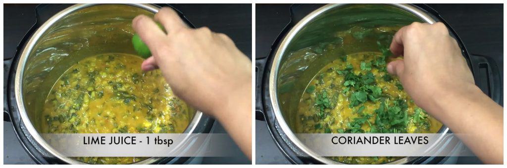 step to add lemon juice to cooked spinach dal collage