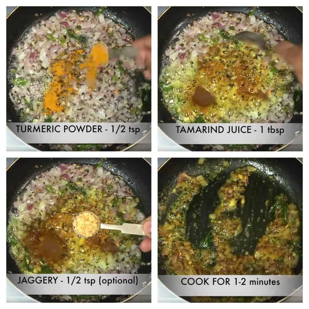 step to add dry spices and tamarind juice collage
