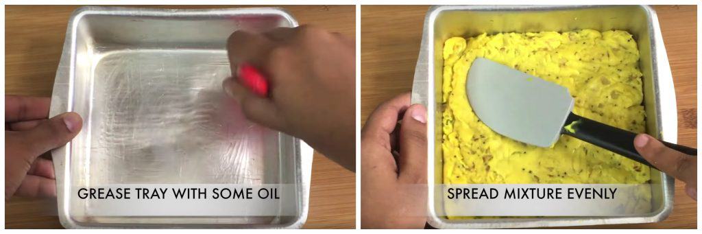 step to set jhunka vadi mixture in a greased tray collage