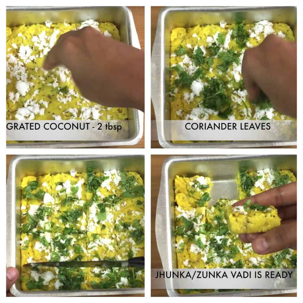 step to garnish Zunka Vadi with fresh coconut and cilantro collage