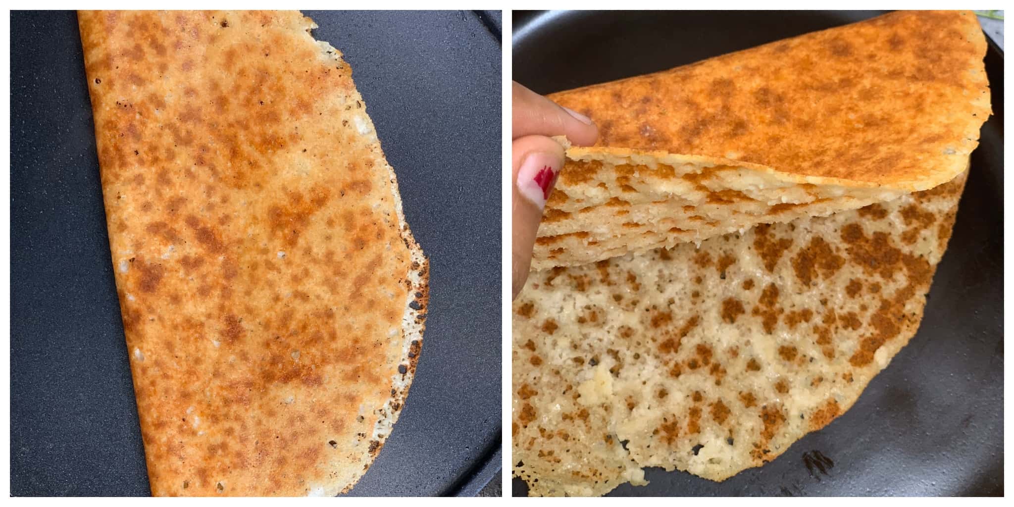dosa is cooked crispy with golden brown spots collage