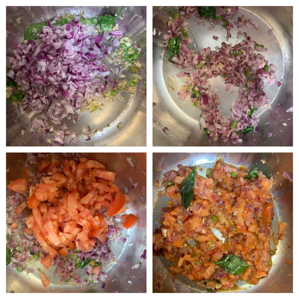 steps to saute onions and tomatoes collage