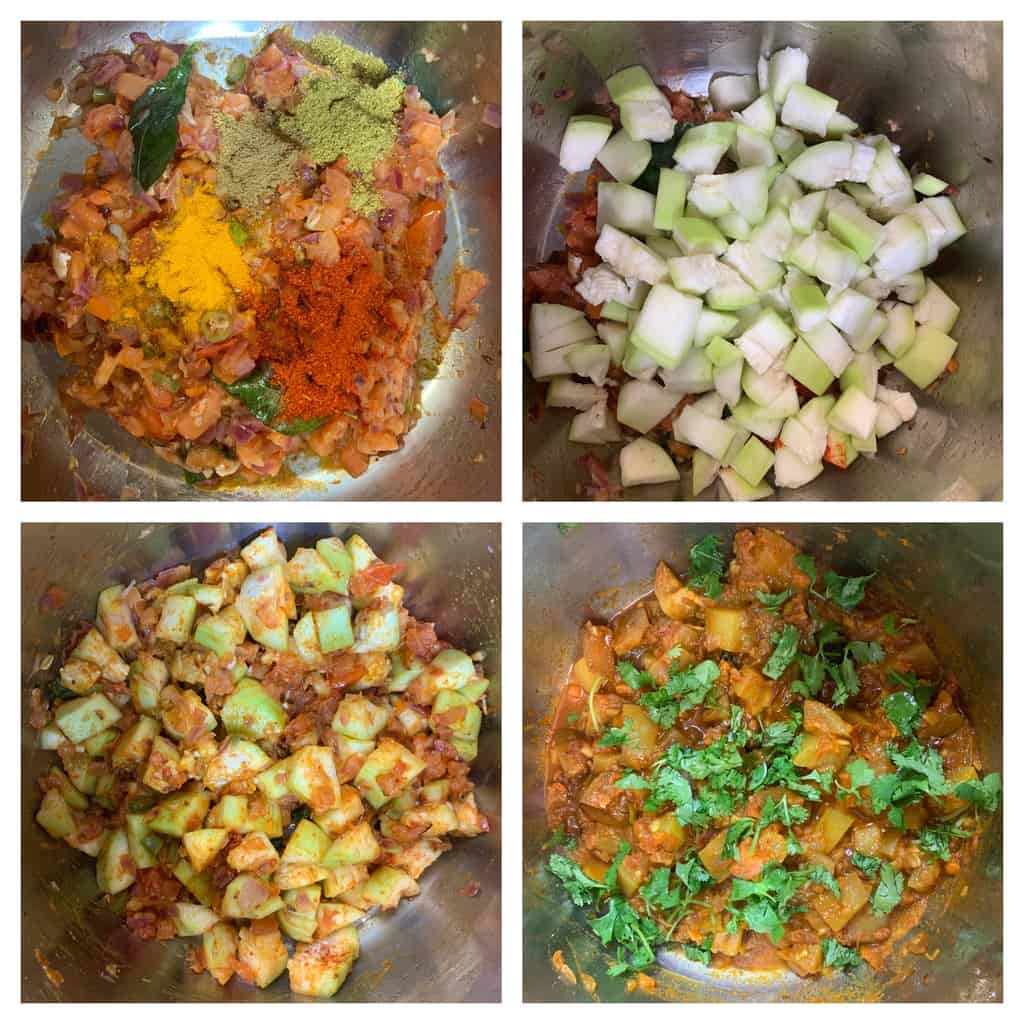 steps to add spices, ghiya and pressure cook collage
