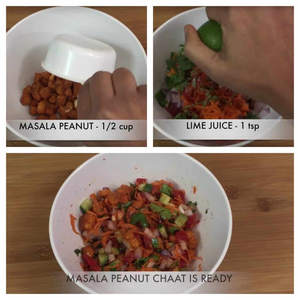 step to add masala peanuts and shredded vegetables in a bowl collage