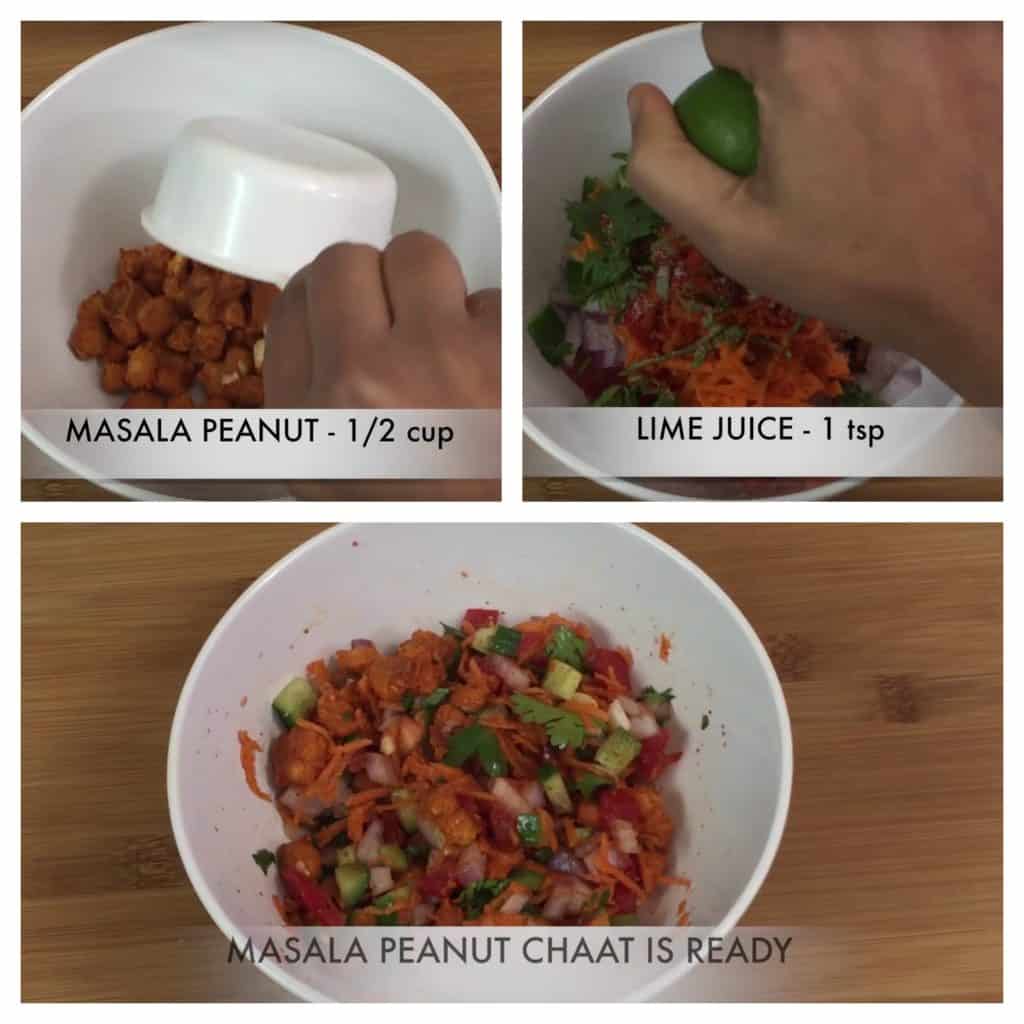 step to add masala peanuts and shredded vegetables in a bowl collage