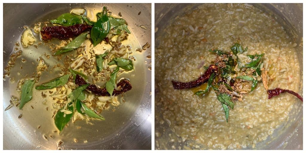 step to add tempering to spinach khichdi collage