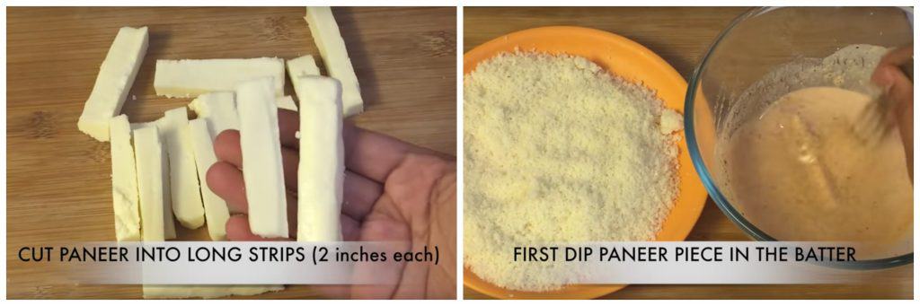 step to cut paneer into strips and dip in the batter collage