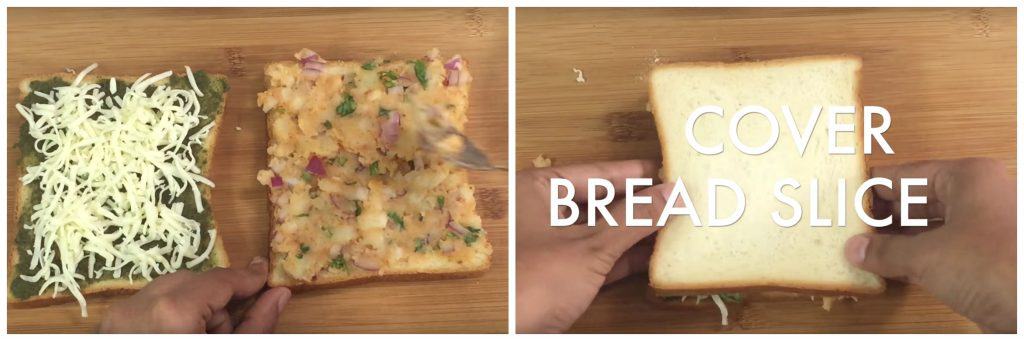 step to spread potato stuffing on bread collage
