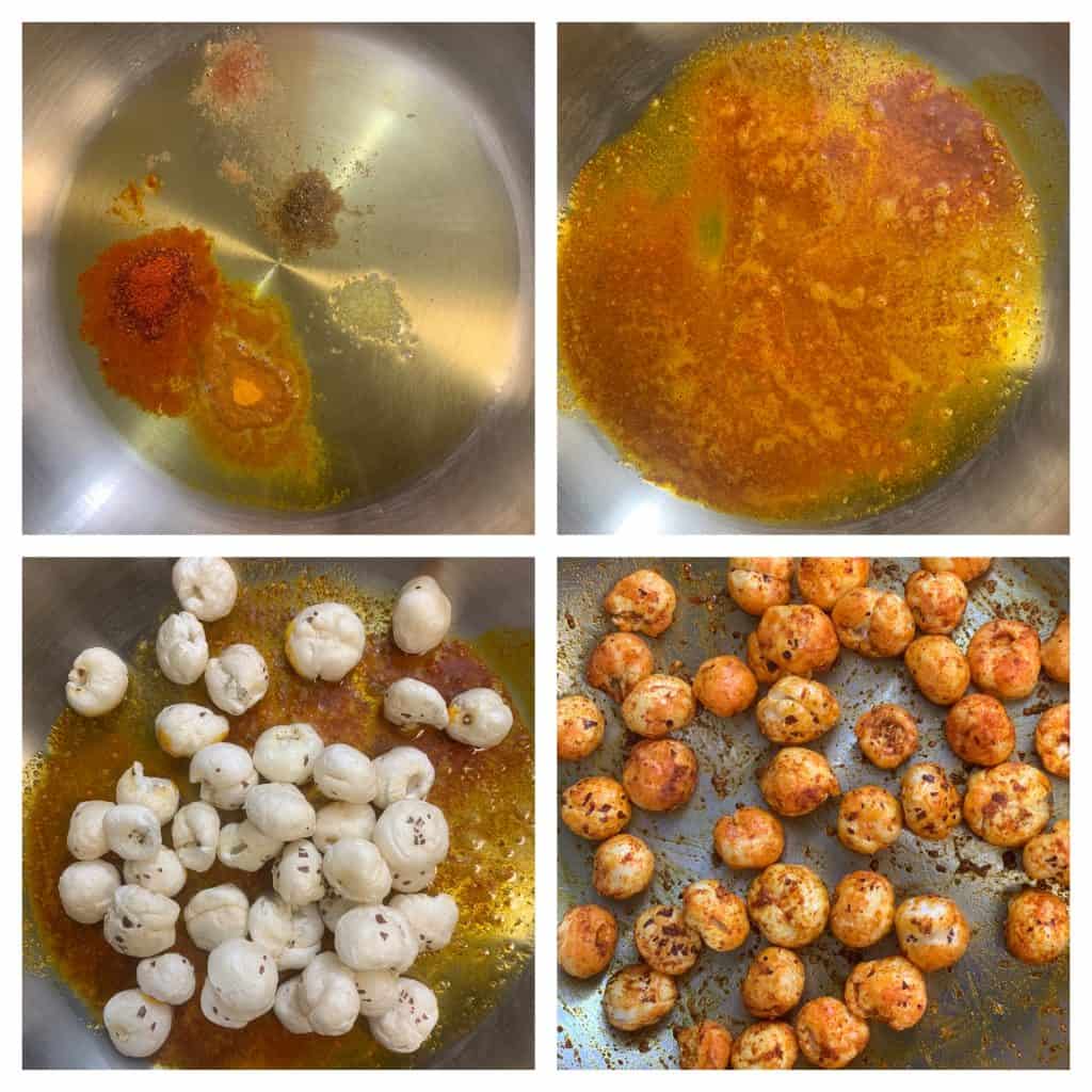 step to add spices and roasted lotus seeds to ghee collage