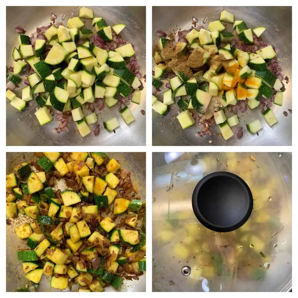 step to add courgette and cook with dry spices collage