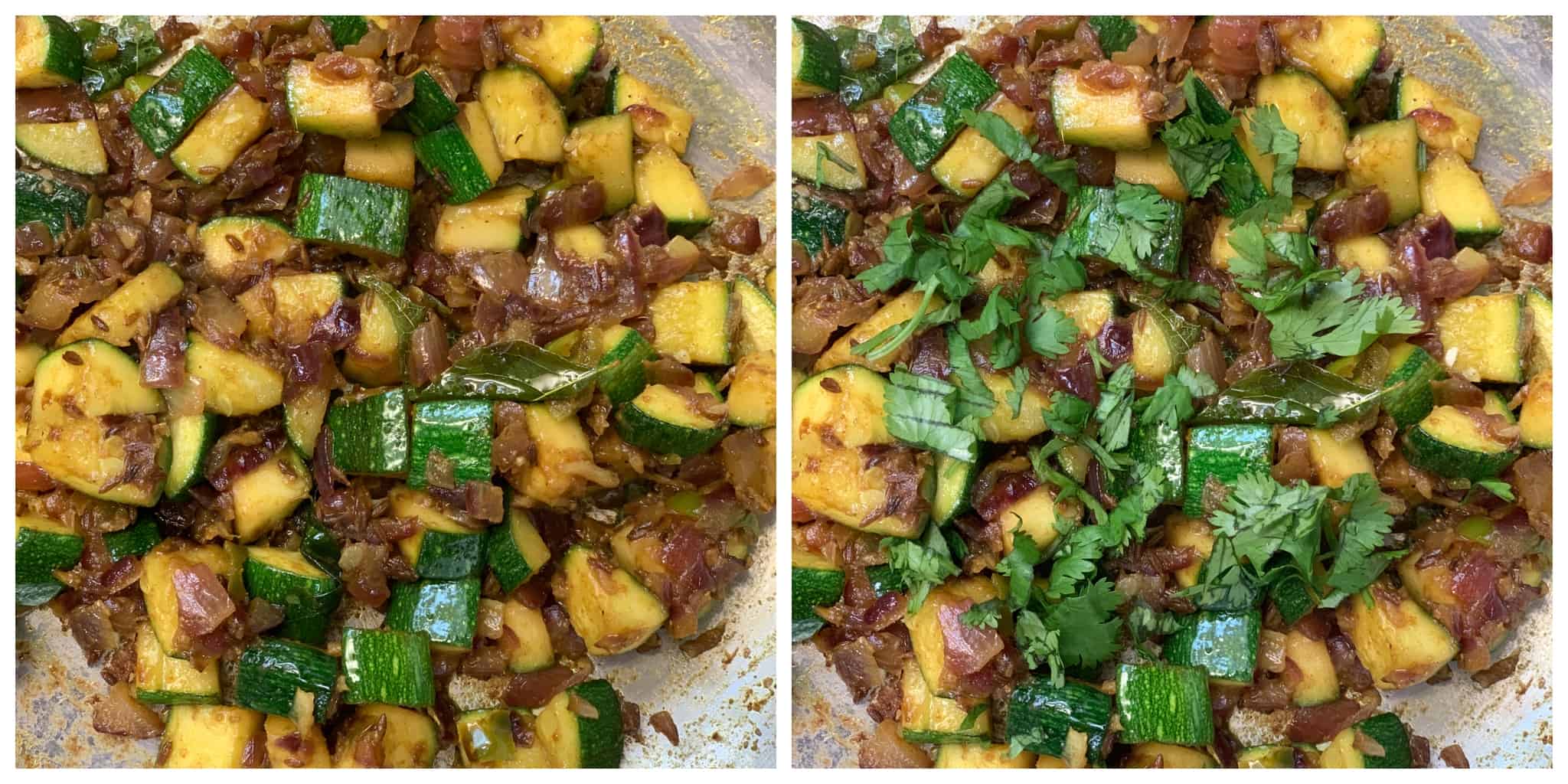 step to add cilantro to zucchini stir fry collage