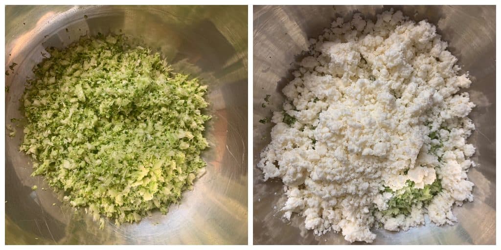 step to add minced broccoli and paneer in a bowl collage