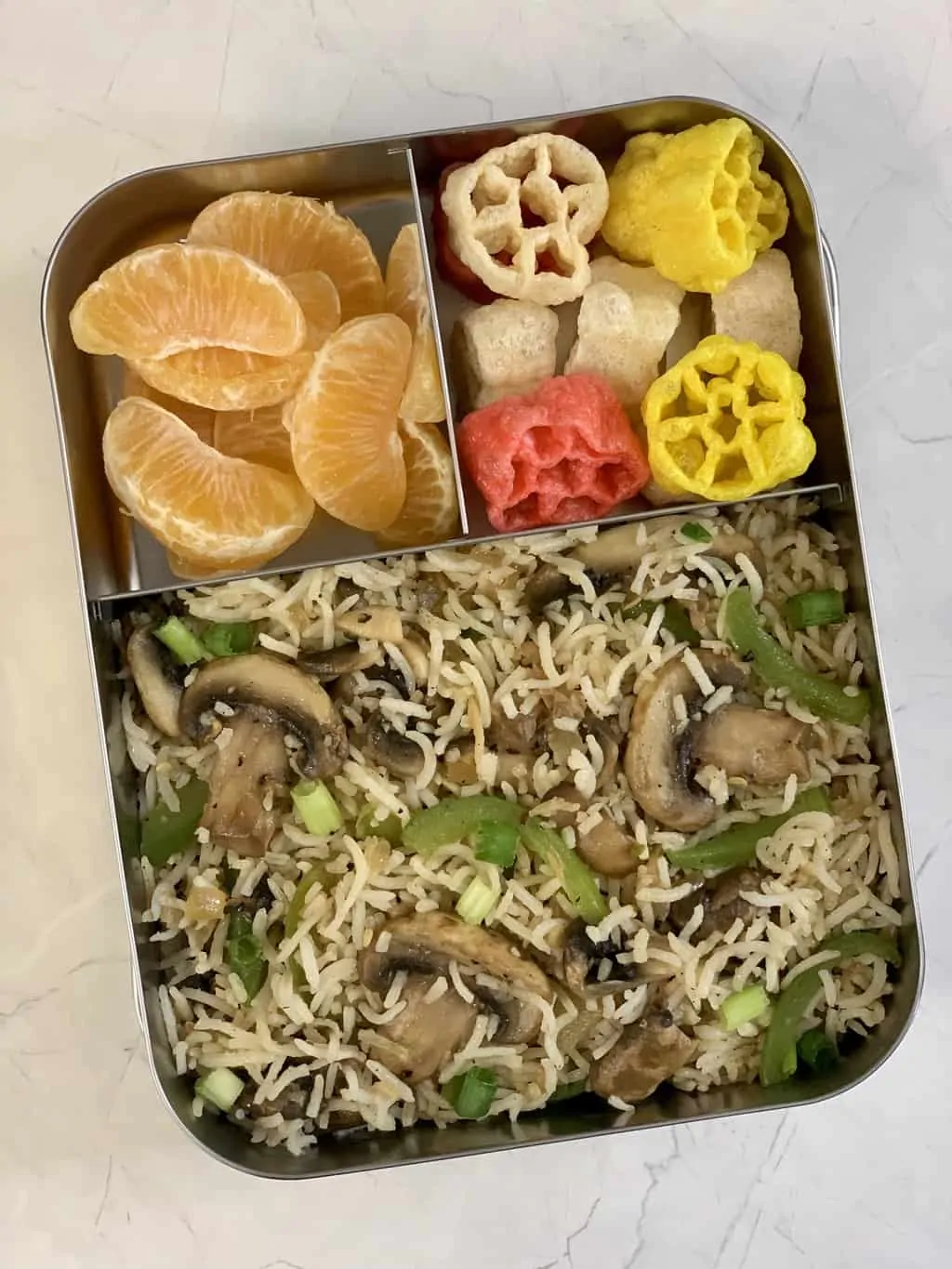 Mushroom Fried Rice + Fryums + Orange