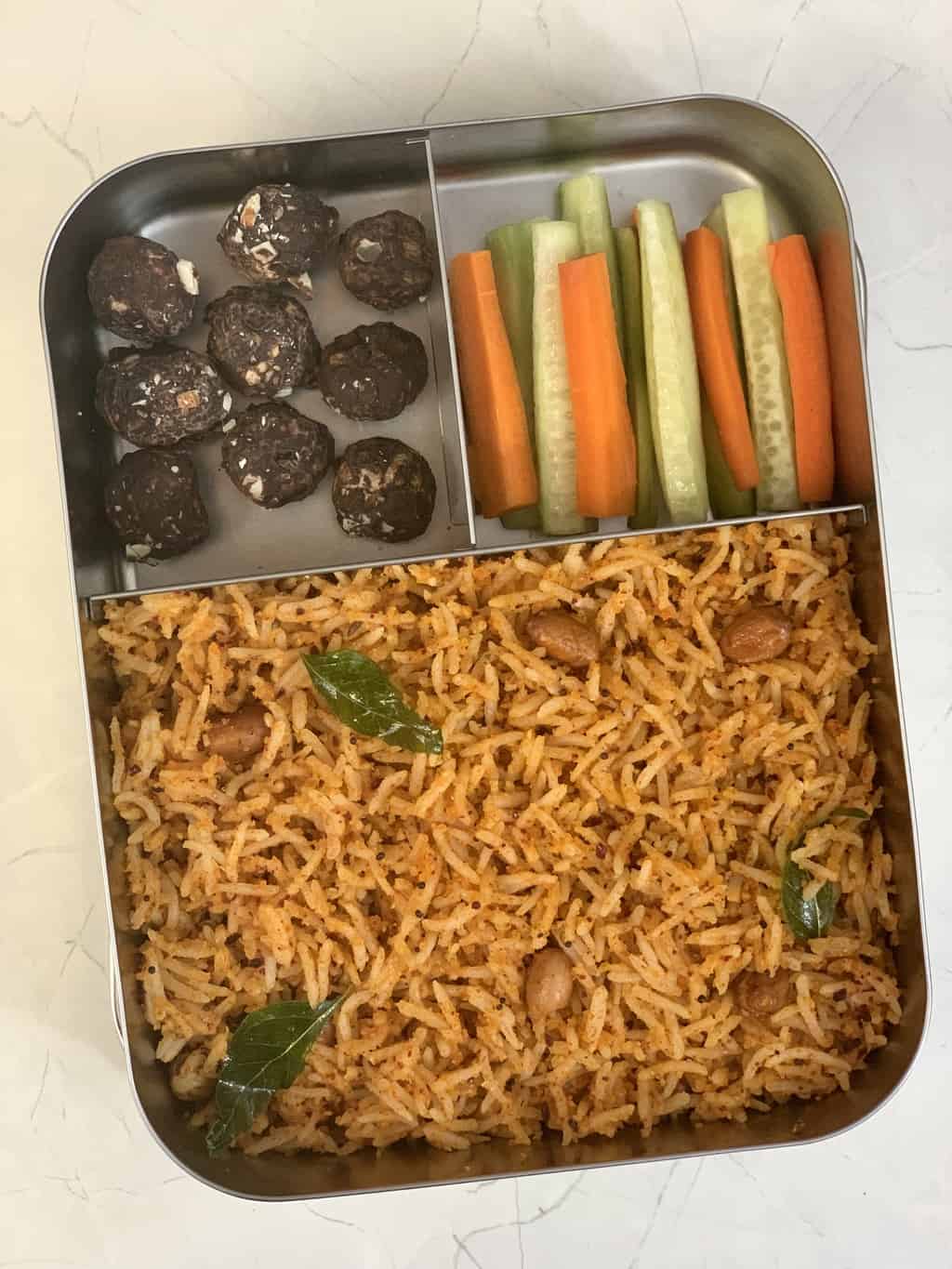 Peanut Rice + Carrot & Cucumber sticks + Chocolate Makhana
