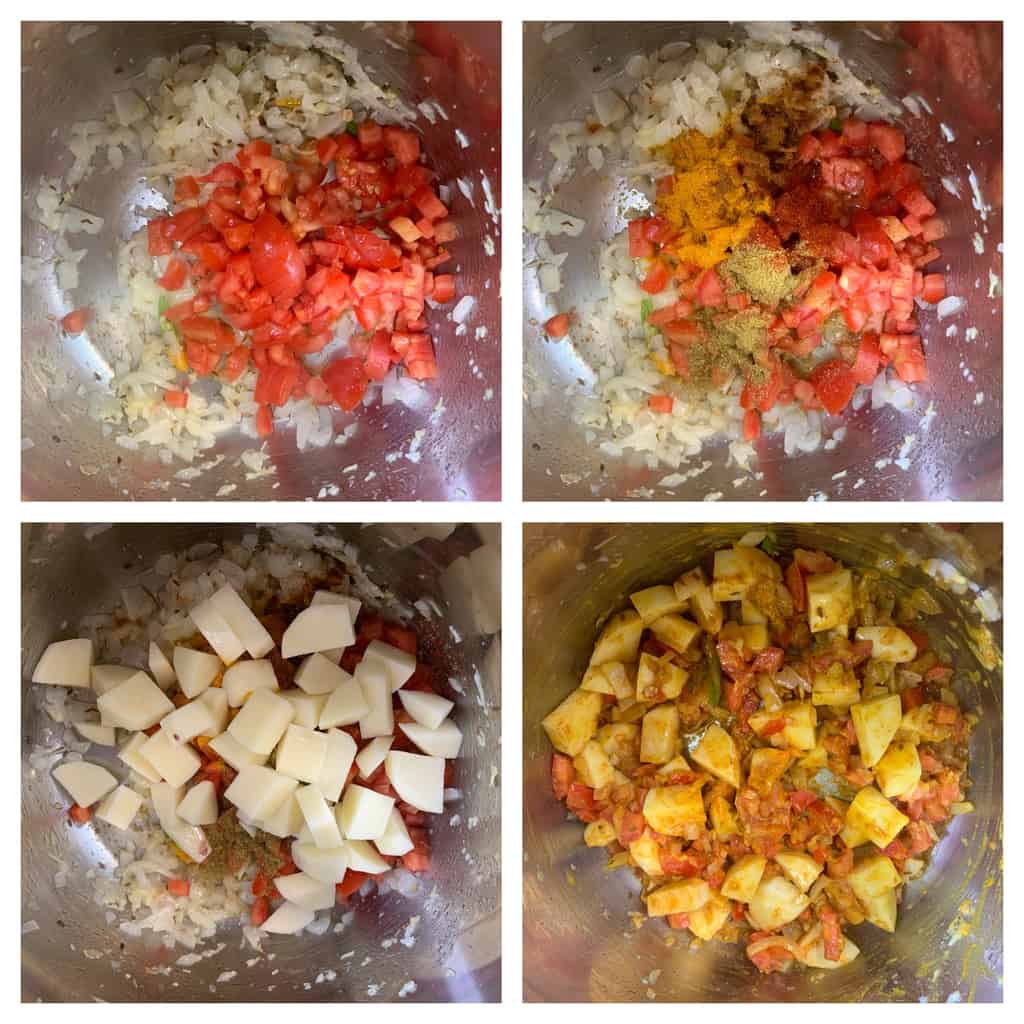 step to saute tomato and cook potato collage