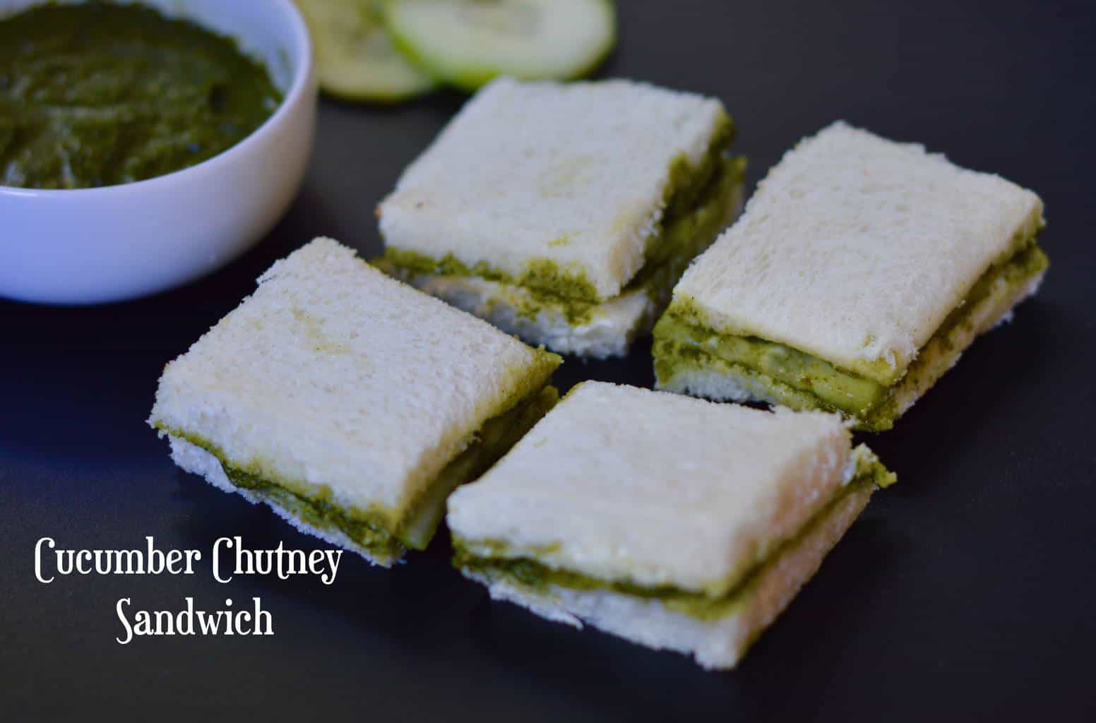 Cucumber chutney sandwich cut into squares and served with green chutney