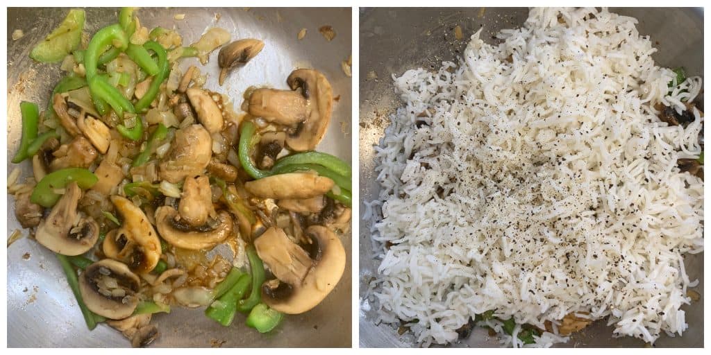 step to mix cooked rice and stir fry collage