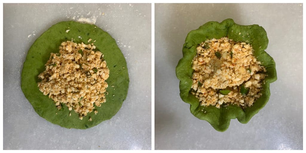 step to stuff the paneer filling to spinach paratha collage