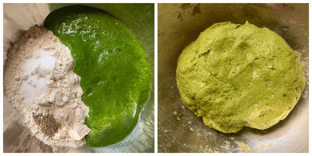 step to knead palak puree wheat flour in to a smooth dough collage