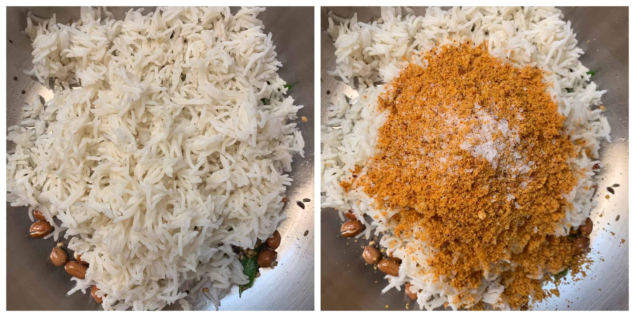 step to add cooked rice with peanut powder collage