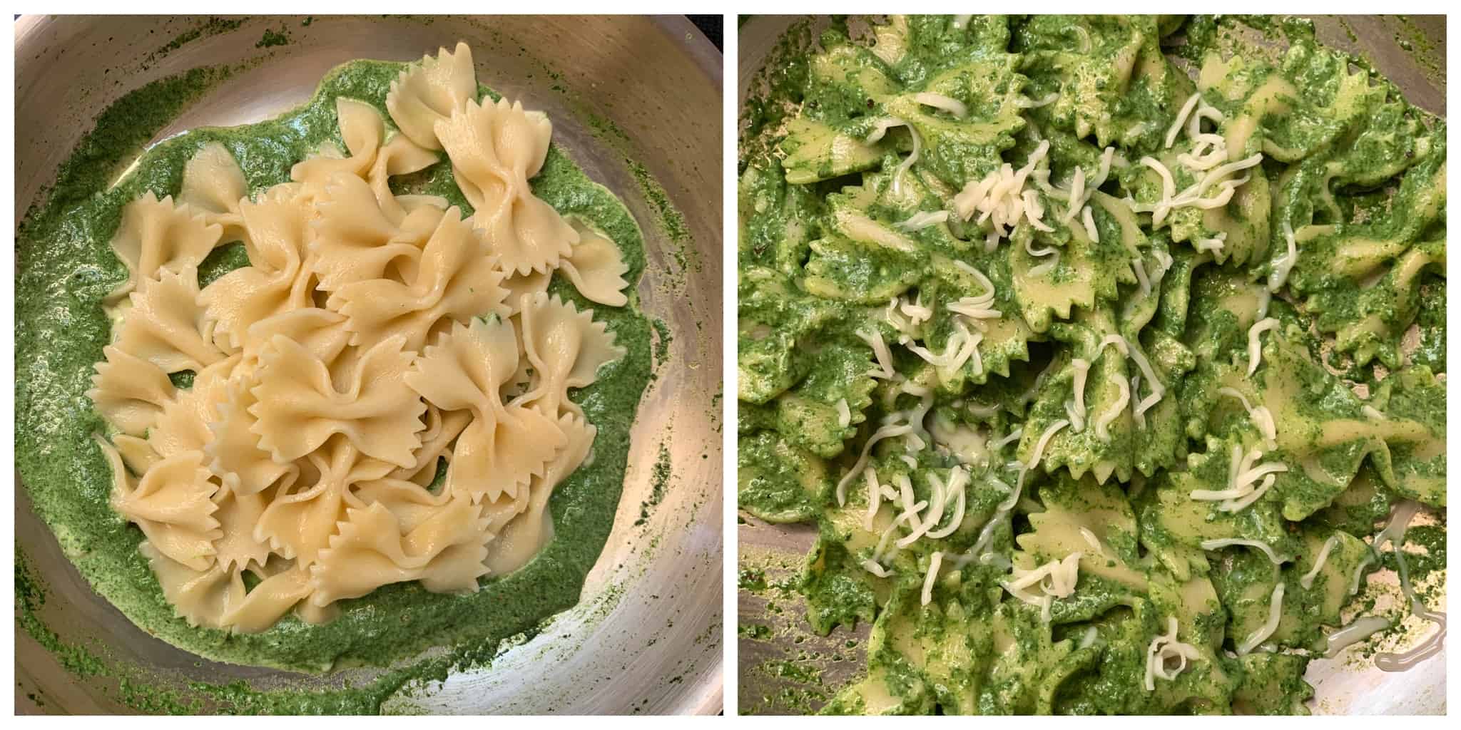 step to add boiled pasta to the creamy spinach sauce collage
