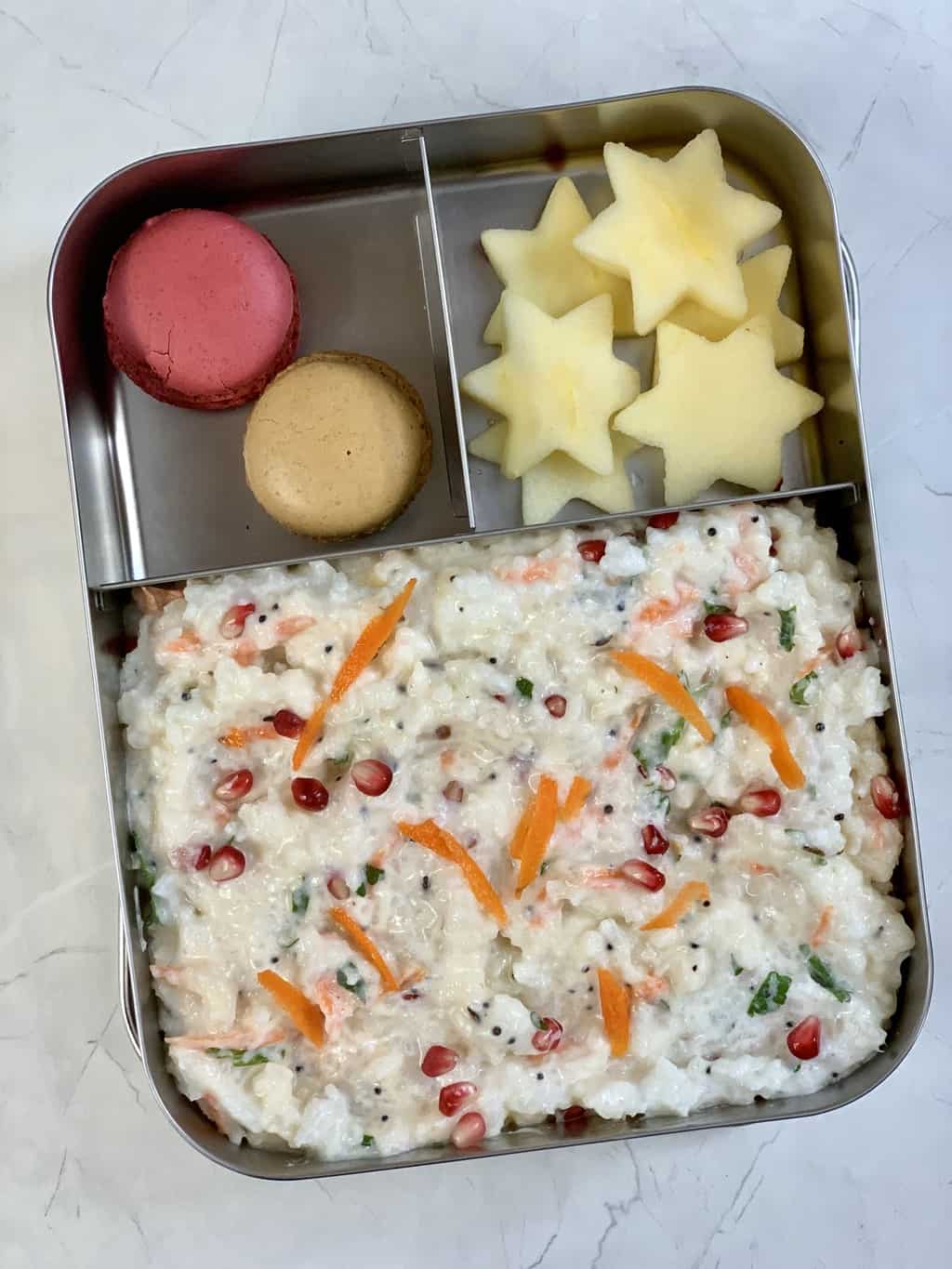 Curd Rice with Apple and French Macaroon in bento steel lunch box