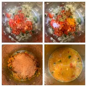 steps to cook tomatoes and red lentils collage