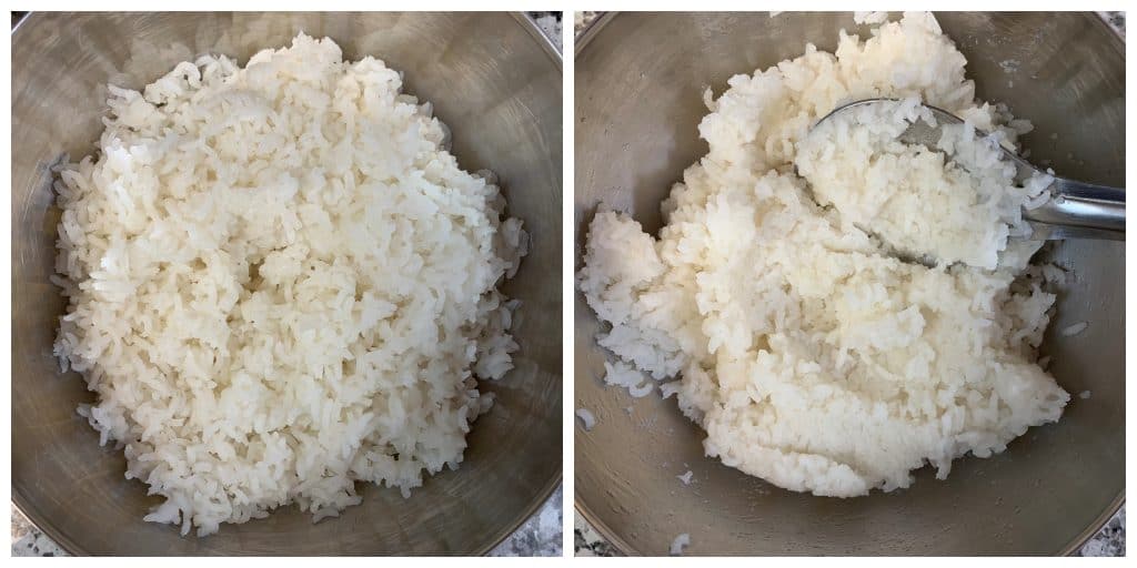 step to mash cooked rice in a bowl collage