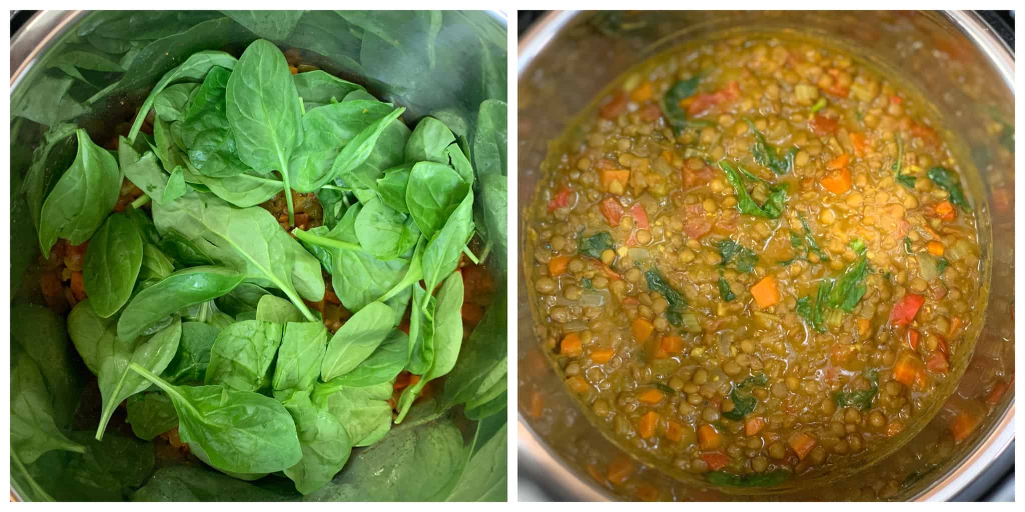 step to add baby spinach to soup collage