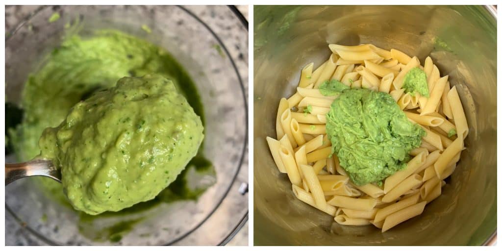 step to add pesto sauce to cooked pasta collage