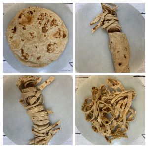 roti rolled and cut into strips collage