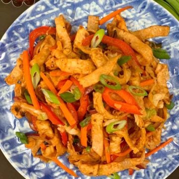 chapati noodles served on a plate garnished with spring onions