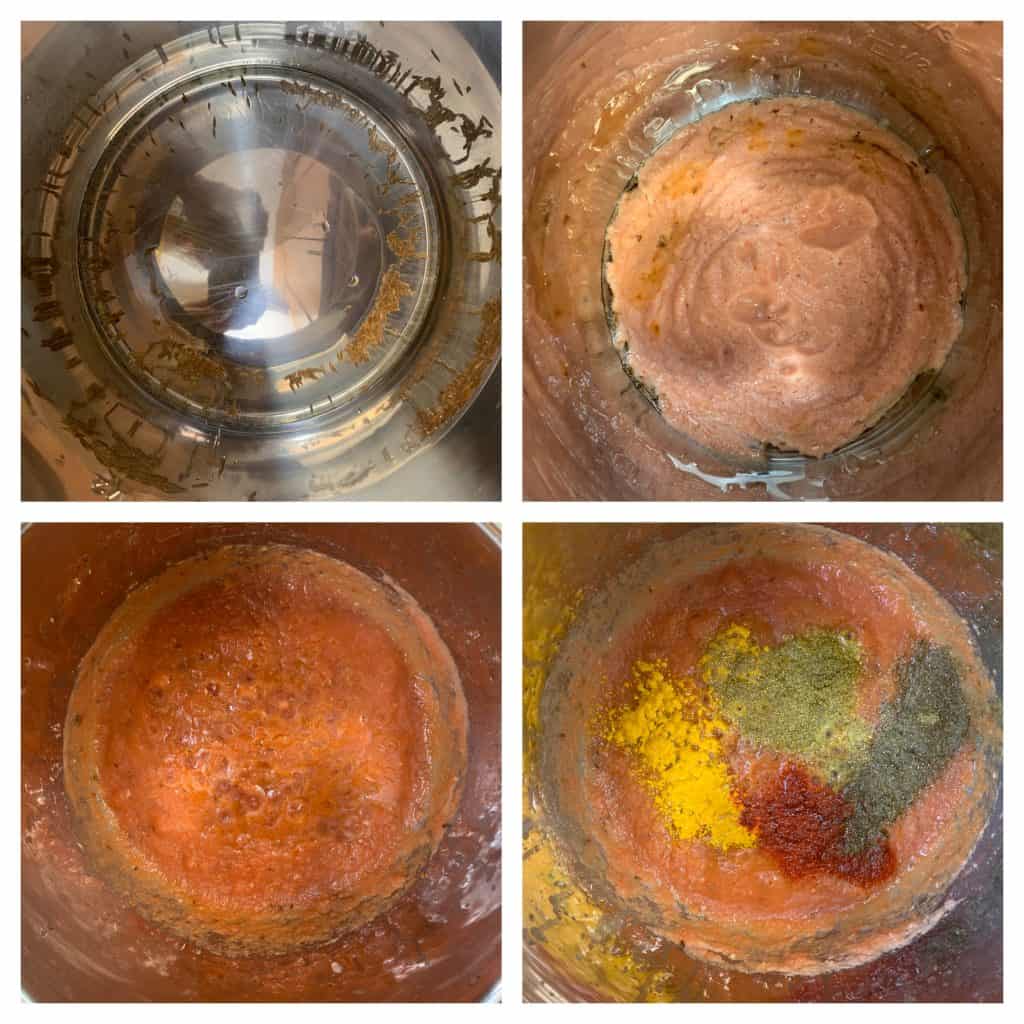 steps to saute tomato puree with spices collage