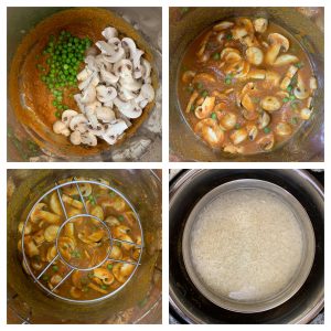steps to add peas mushroom and cook rice pot in pot method collage