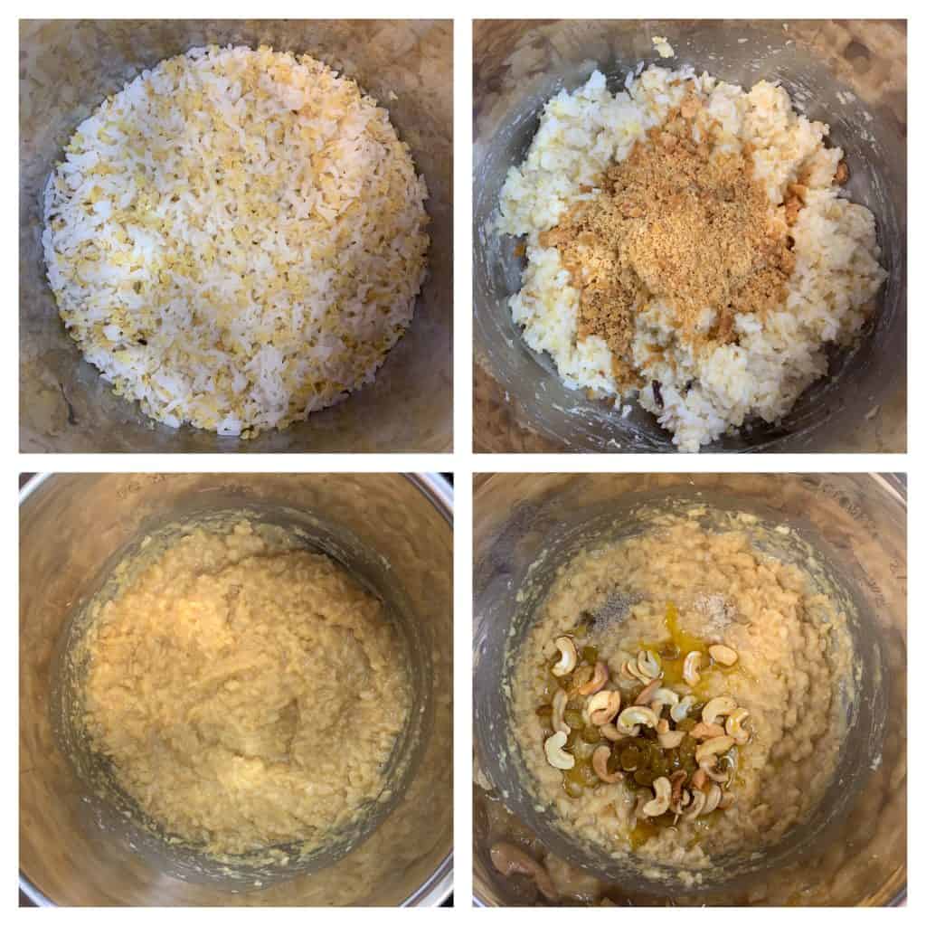 step to add organic jaggery to cooked rice dal mixture and nuts collage