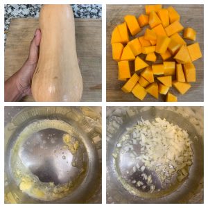 step to dice butternut squash and saute garlic collage