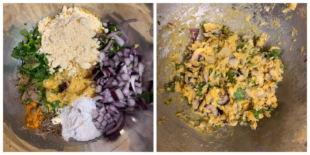 step to make pakora mixture in a bowl collage