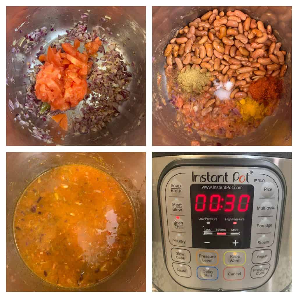step to cook tomatoes and add rajma with water collage