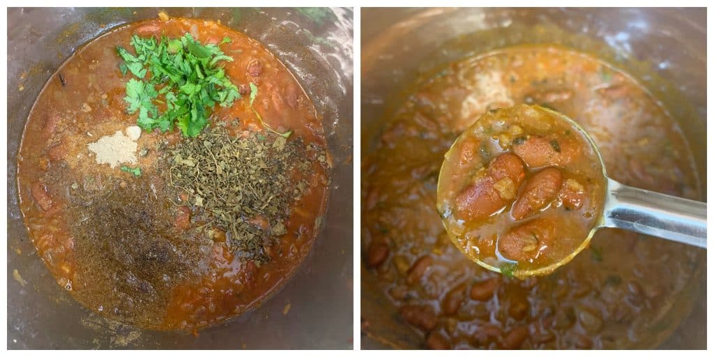 step to add cilantro and garam masala to cooked rajma collage