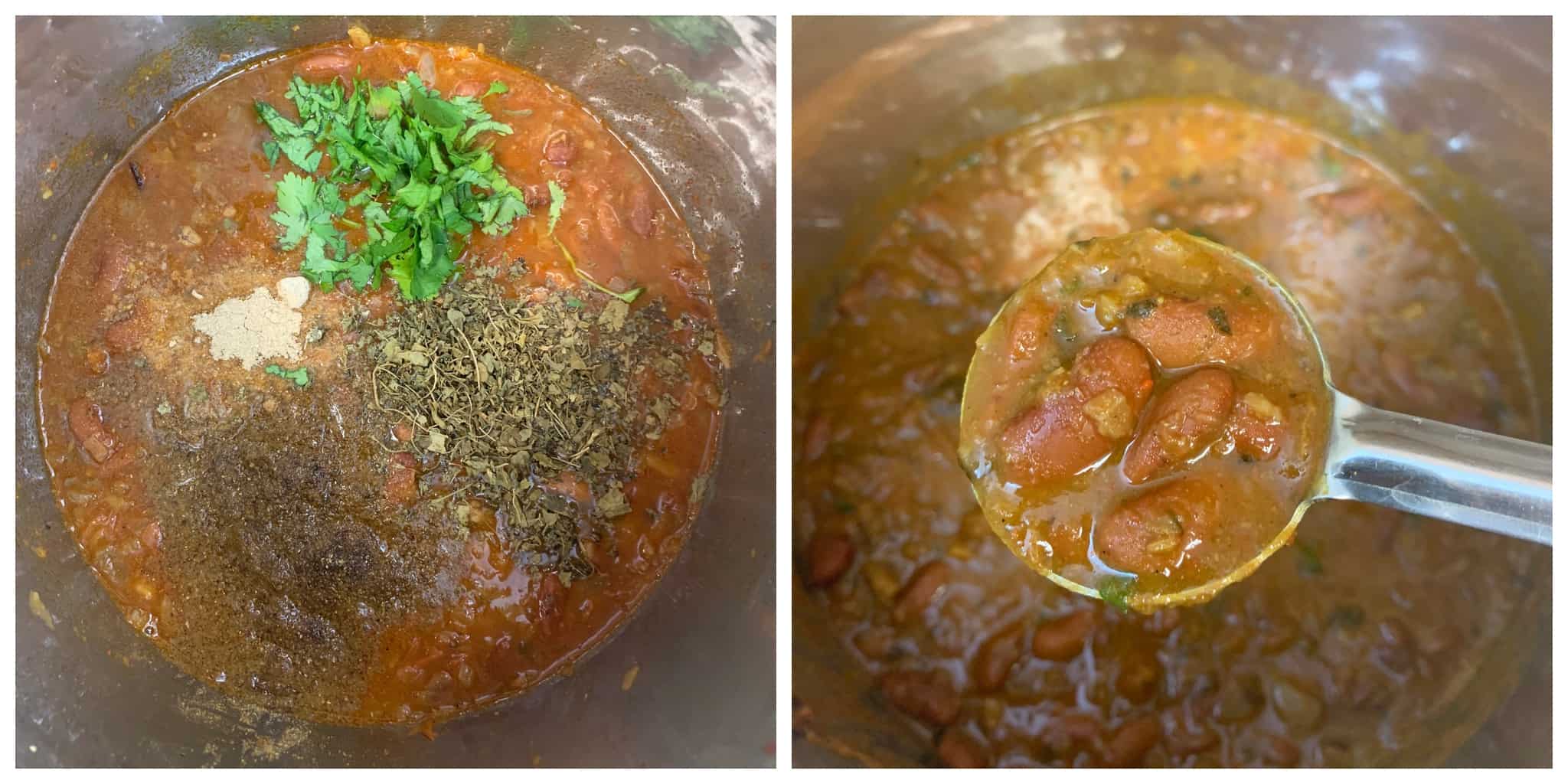 step to add cilantro and garam masala to cooked rajma collage