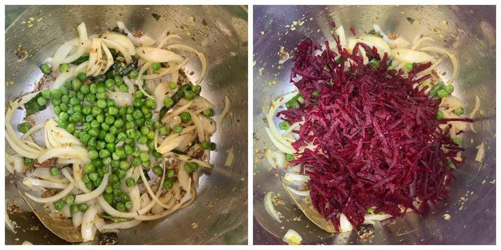 step to add grated beetroot and peas collage
