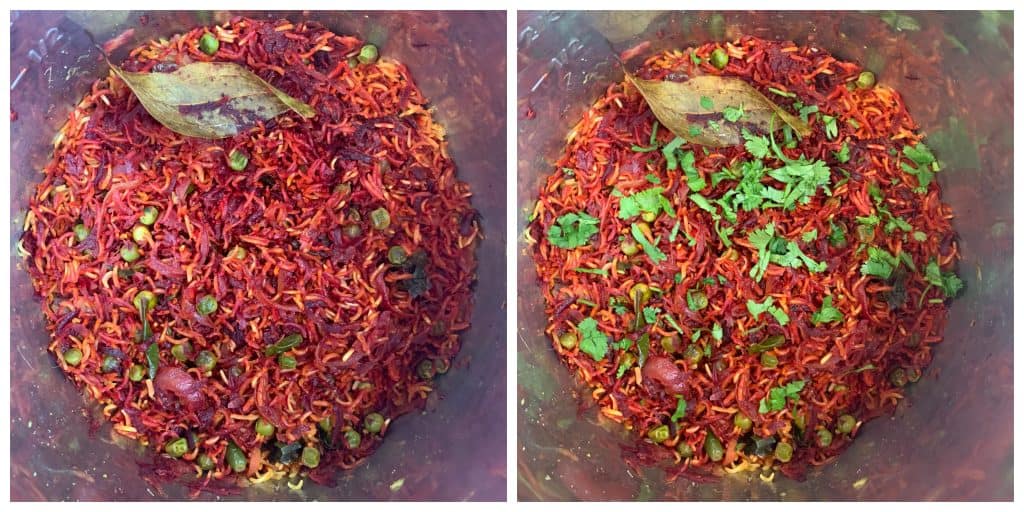 step to add cilantro to beetroot rice pilaf instant pot collage