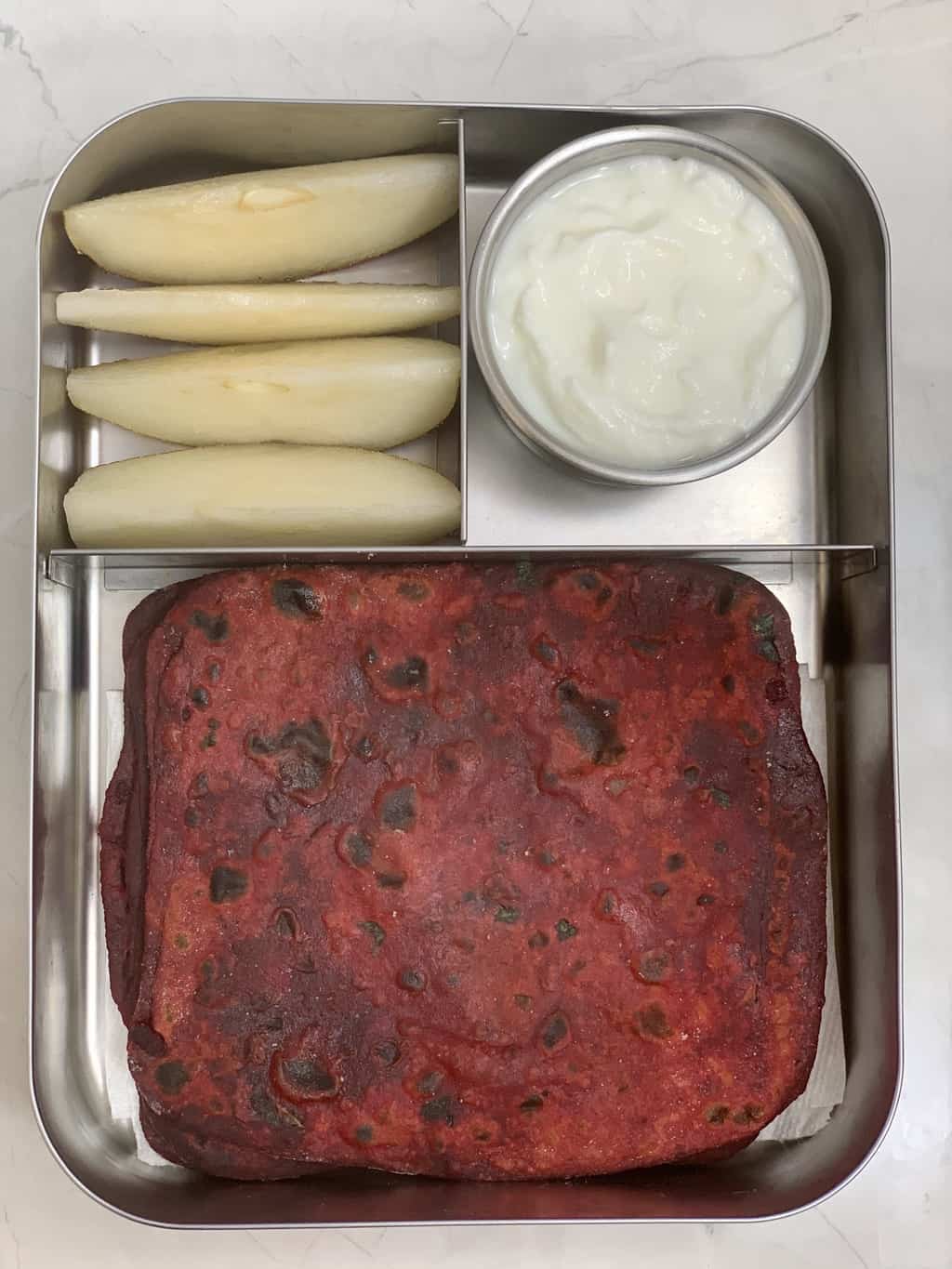 Beetroot Paratha, Yogurt and pears in lunch box.