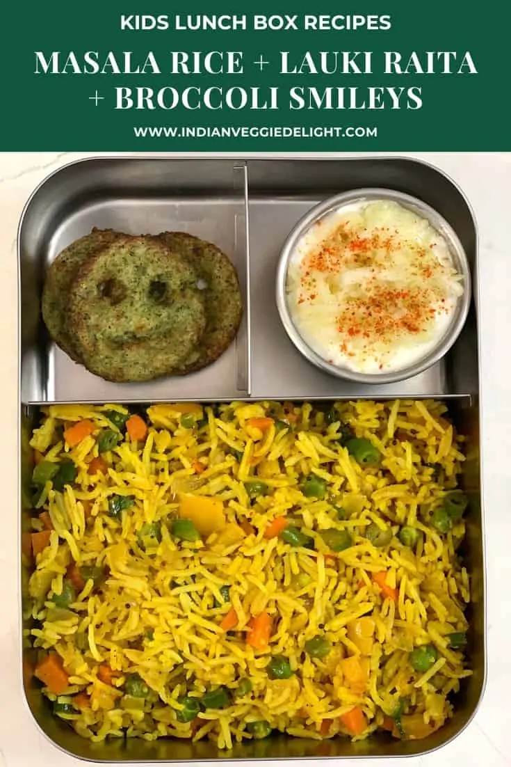 masala rice served in kids lunch box with broccoli smileys and yogurt