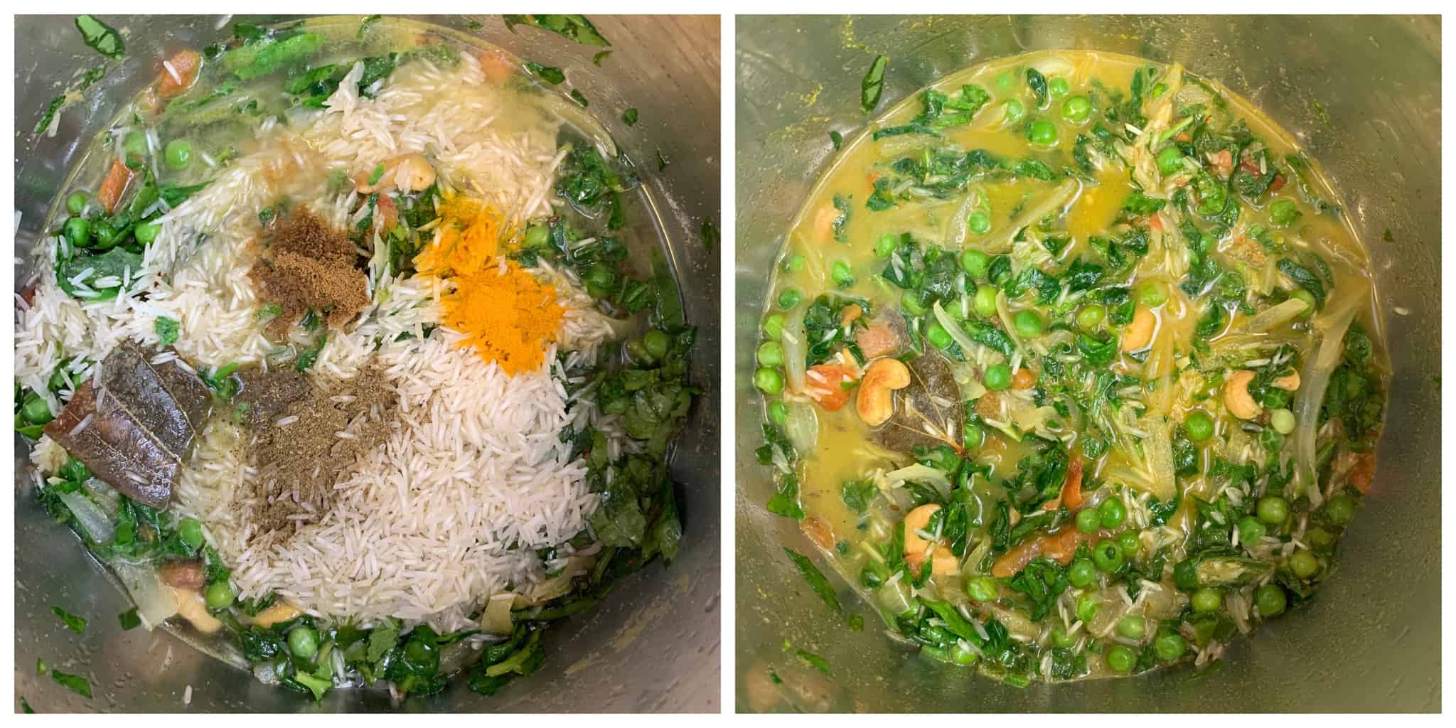 step to add basmati rice water and spices collage